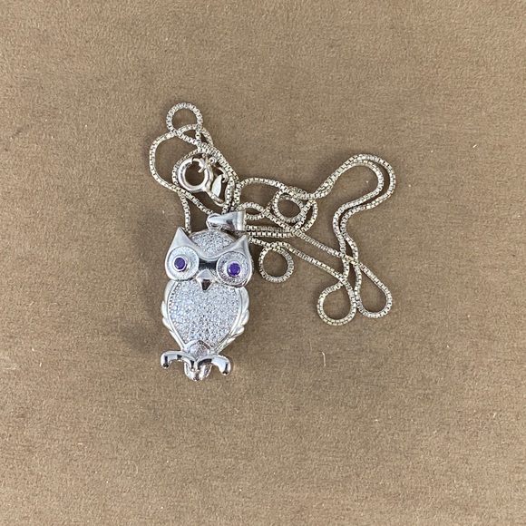 Sold 925 Silver Owl Amethyst CZ Pendant 925 Box Chain - Picture 4 of 7